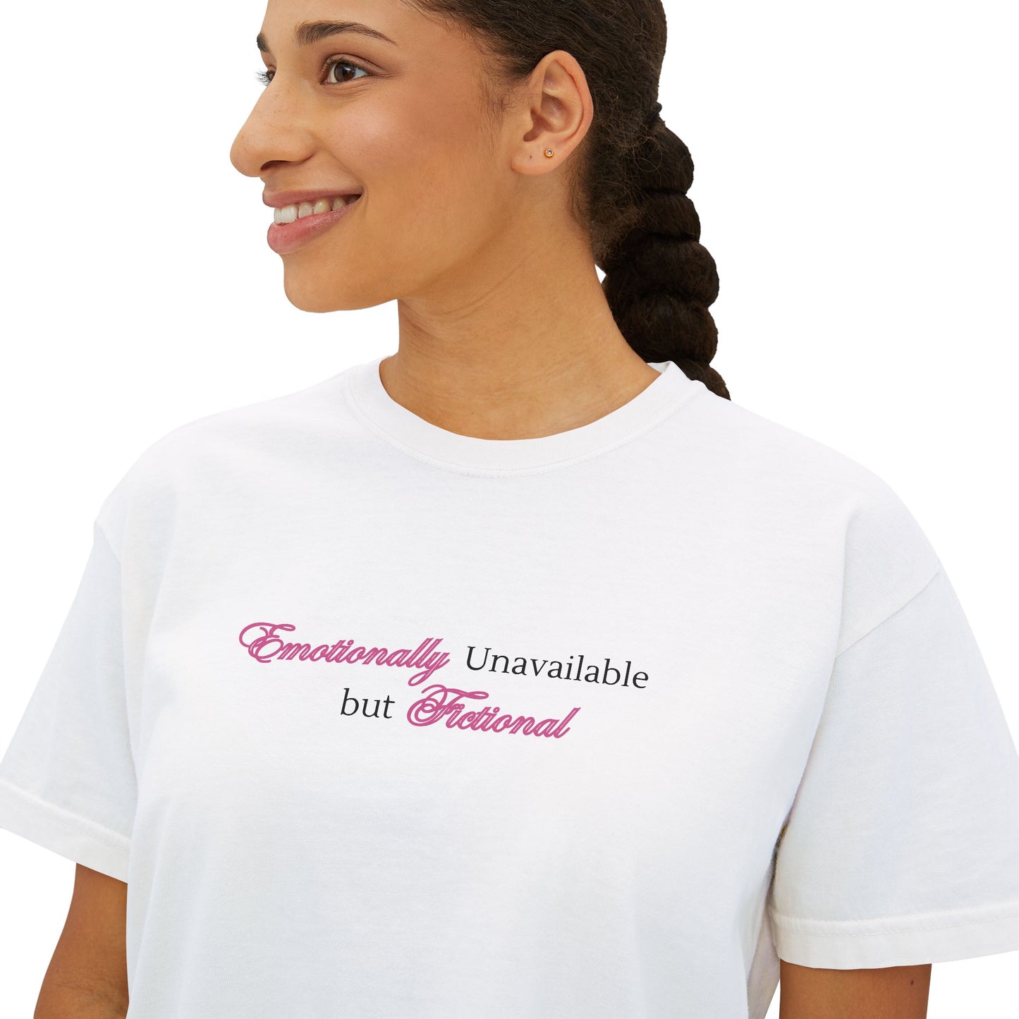 Emotionally Unavailable But Fictional Women's Boxy Tee, Comfortable Casual Wear, Perfect Gift for Friends, Funny Top, Self-Care Apparel, Everyday Statement Tee
