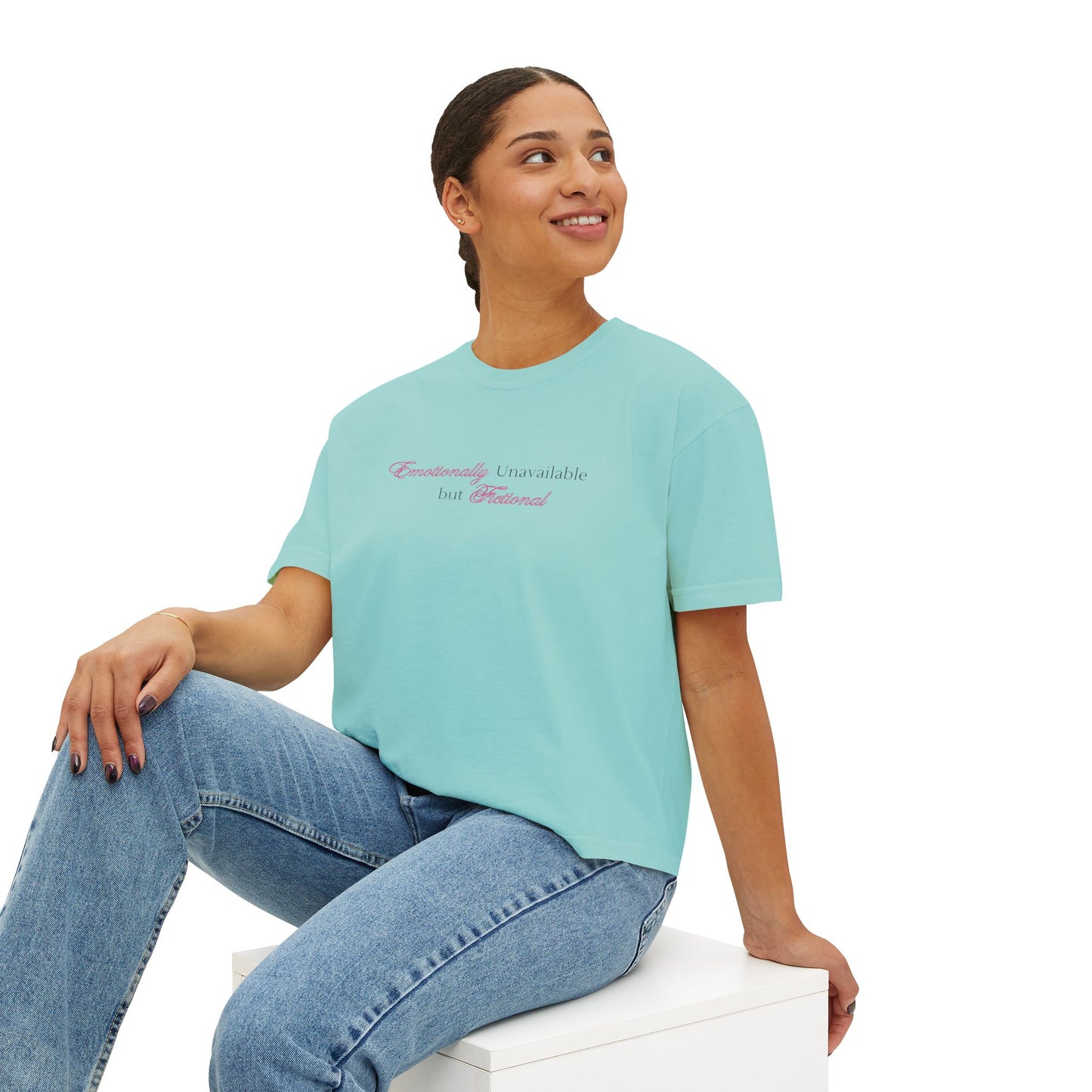 Emotionally Unavailable But Fictional Women's Boxy Tee, Comfortable Casual Wear, Perfect Gift for Friends, Funny Top, Self-Care Apparel, Everyday Statement Tee