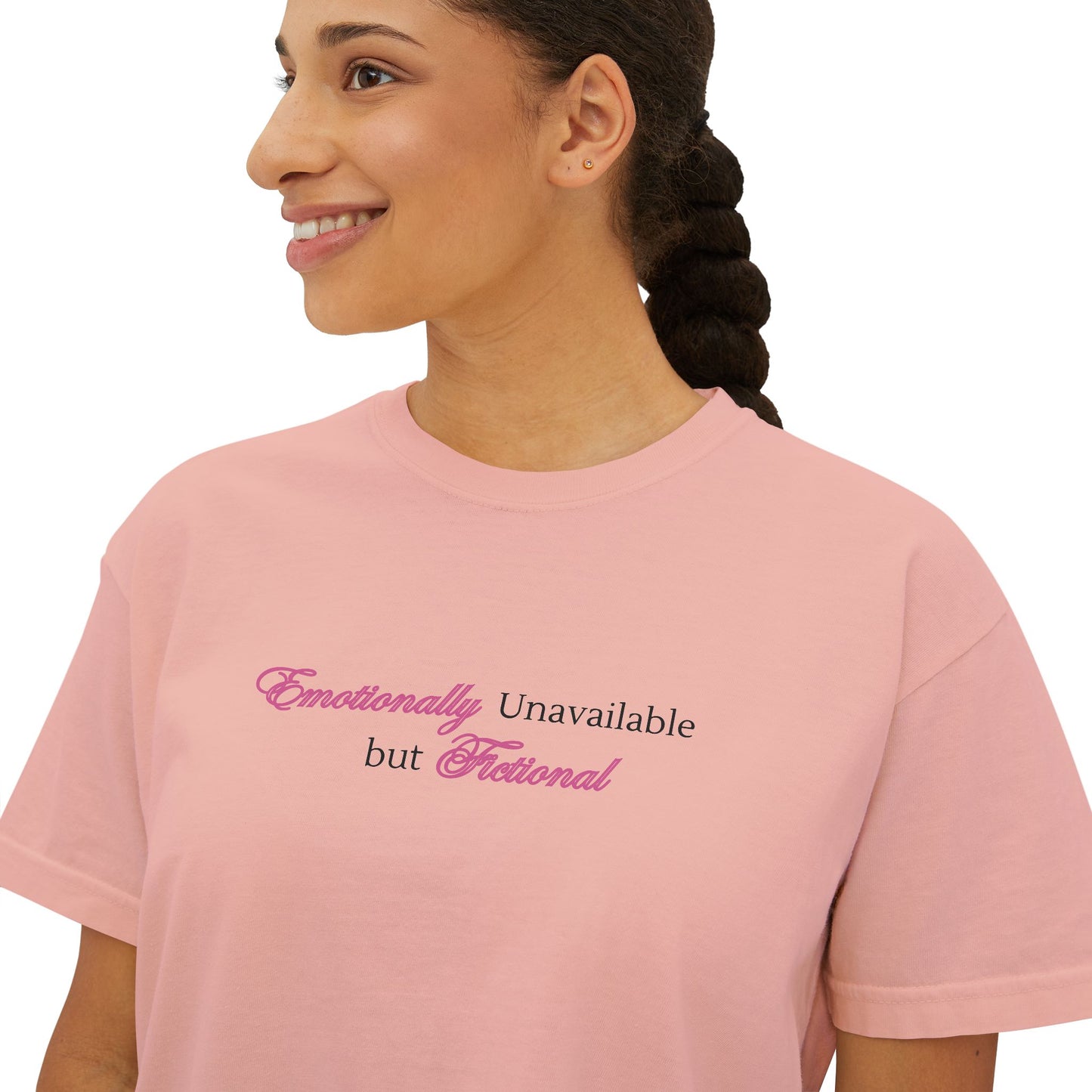 Emotionally Unavailable But Fictional Women's Boxy Tee, Comfortable Casual Wear, Perfect Gift for Friends, Funny Top, Self-Care Apparel, Everyday Statement Tee