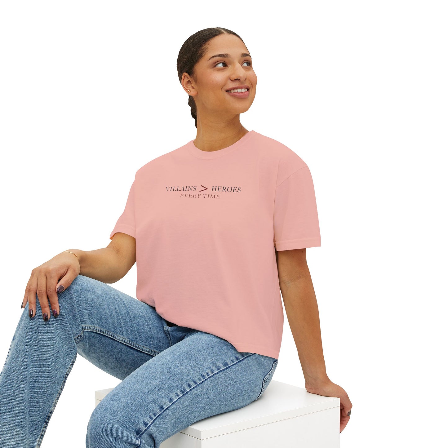Villains > Heroes Boxy Tee, Women's Graphic T-Shirt, Casual Summer Top, Gift for Fans, Statement Tee