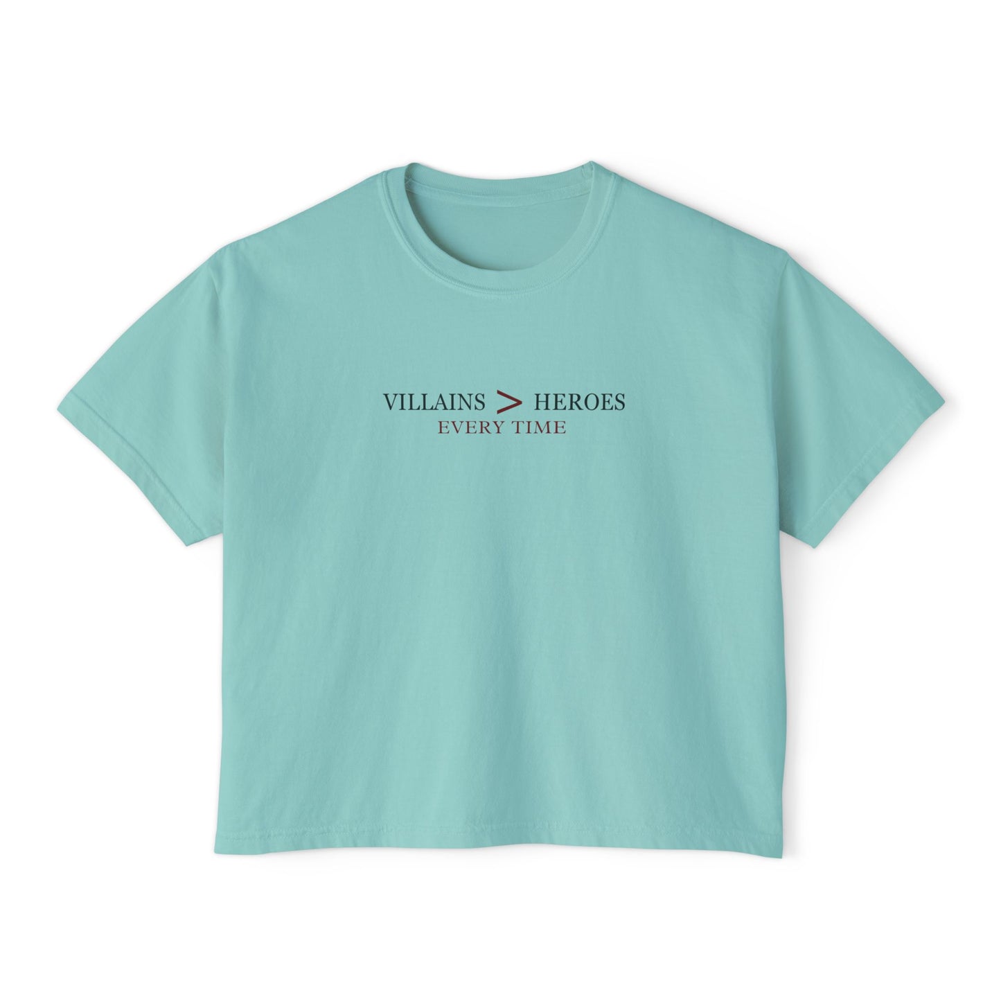 Villains > Heroes Boxy Tee, Women's Graphic T-Shirt, Casual Summer Top, Gift for Fans, Statement Tee