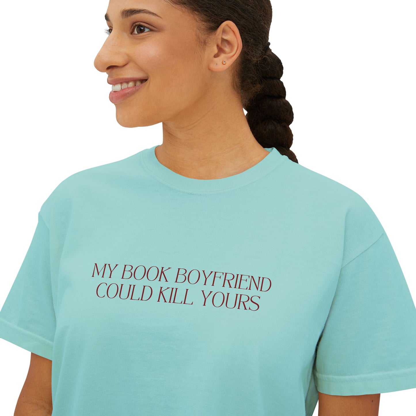 My Book Boyfriend Could Kill Yours Women's Boxy Tee, Casual Literary T-Shirt, Gift for Book Lovers, Cute Summer Top, Funny Bookish Apparel