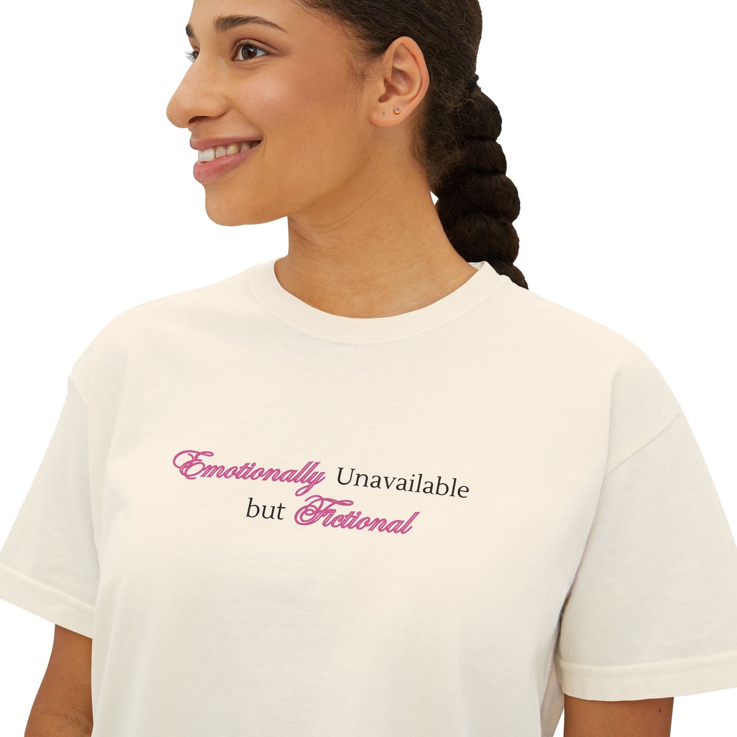 Emotionally Unavailable But Fictional Women's Boxy Tee, Comfortable Casual Wear, Perfect Gift for Friends, Funny Top, Self-Care Apparel, Everyday Statement Tee