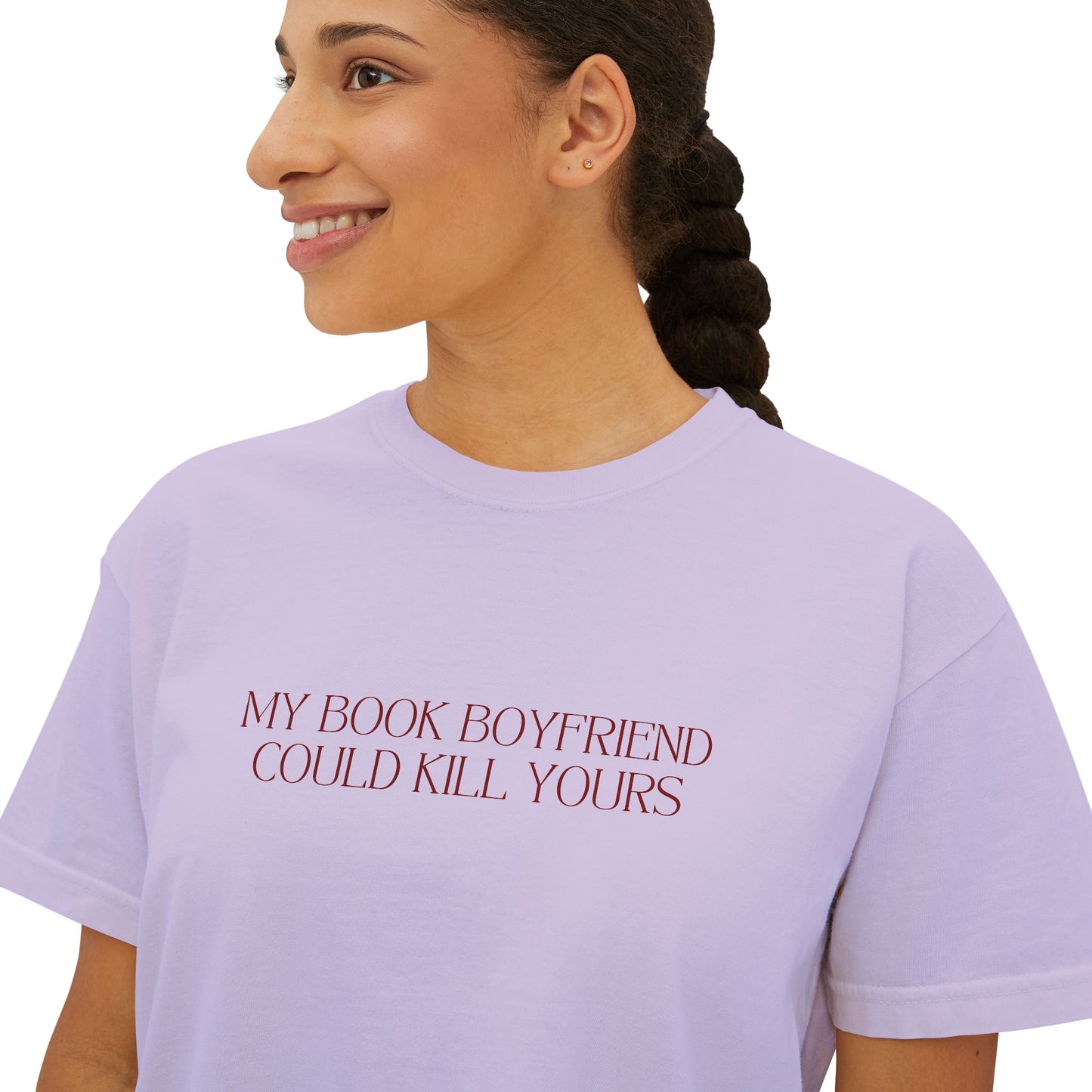 My Book Boyfriend Could Kill Yours Women's Boxy Tee, Casual Literary T-Shirt, Gift for Book Lovers, Cute Summer Top, Funny Bookish Apparel