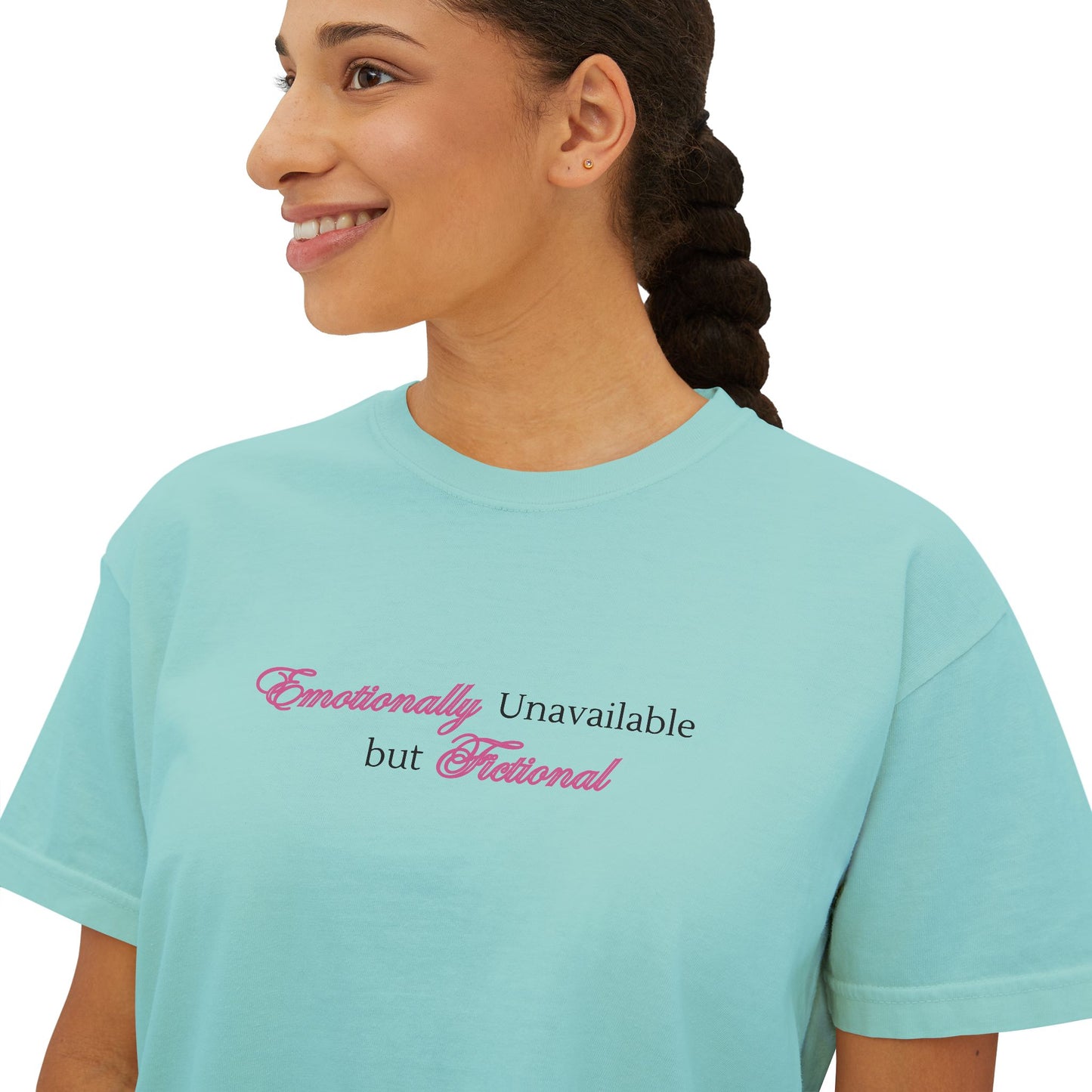 Emotionally Unavailable But Fictional Women's Boxy Tee, Comfortable Casual Wear, Perfect Gift for Friends, Funny Top, Self-Care Apparel, Everyday Statement Tee
