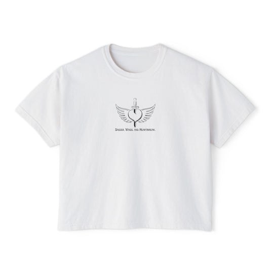 Boxy Tee with Dagger, Wings, and Heartbreak Design - Women's Fashion