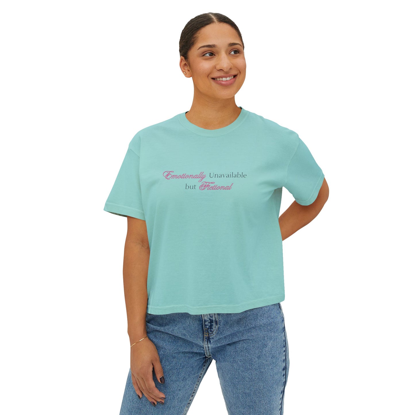 Emotionally Unavailable But Fictional Women's Boxy Tee, Comfortable Casual Wear, Perfect Gift for Friends, Funny Top, Self-Care Apparel, Everyday Statement Tee