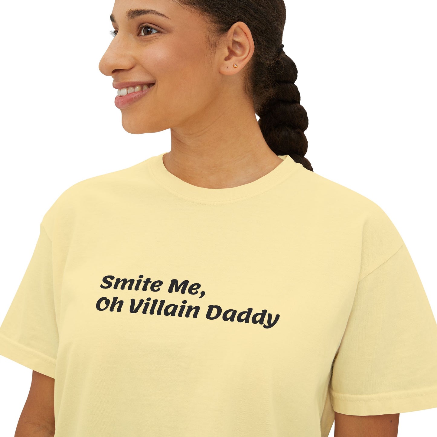 Smite Me, Oh Villain Daddy Women's Boxy Tee, Casual T-Shirt, Trendy Graphic Top, Fun Gift for Her, Cute Summer Shirt, Relaxed Fit Tee
