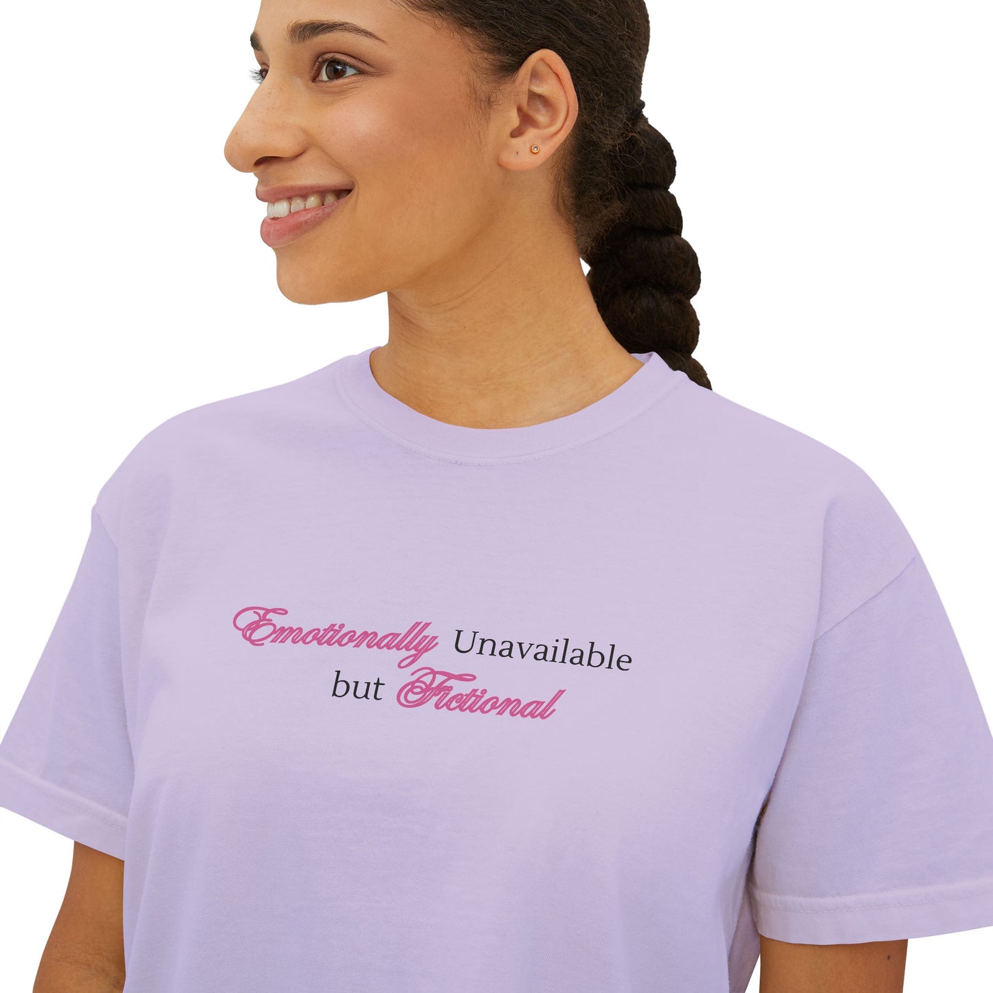 Emotionally Unavailable But Fictional Women's Boxy Tee, Comfortable Casual Wear, Perfect Gift for Friends, Funny Top, Self-Care Apparel, Everyday Statement Tee