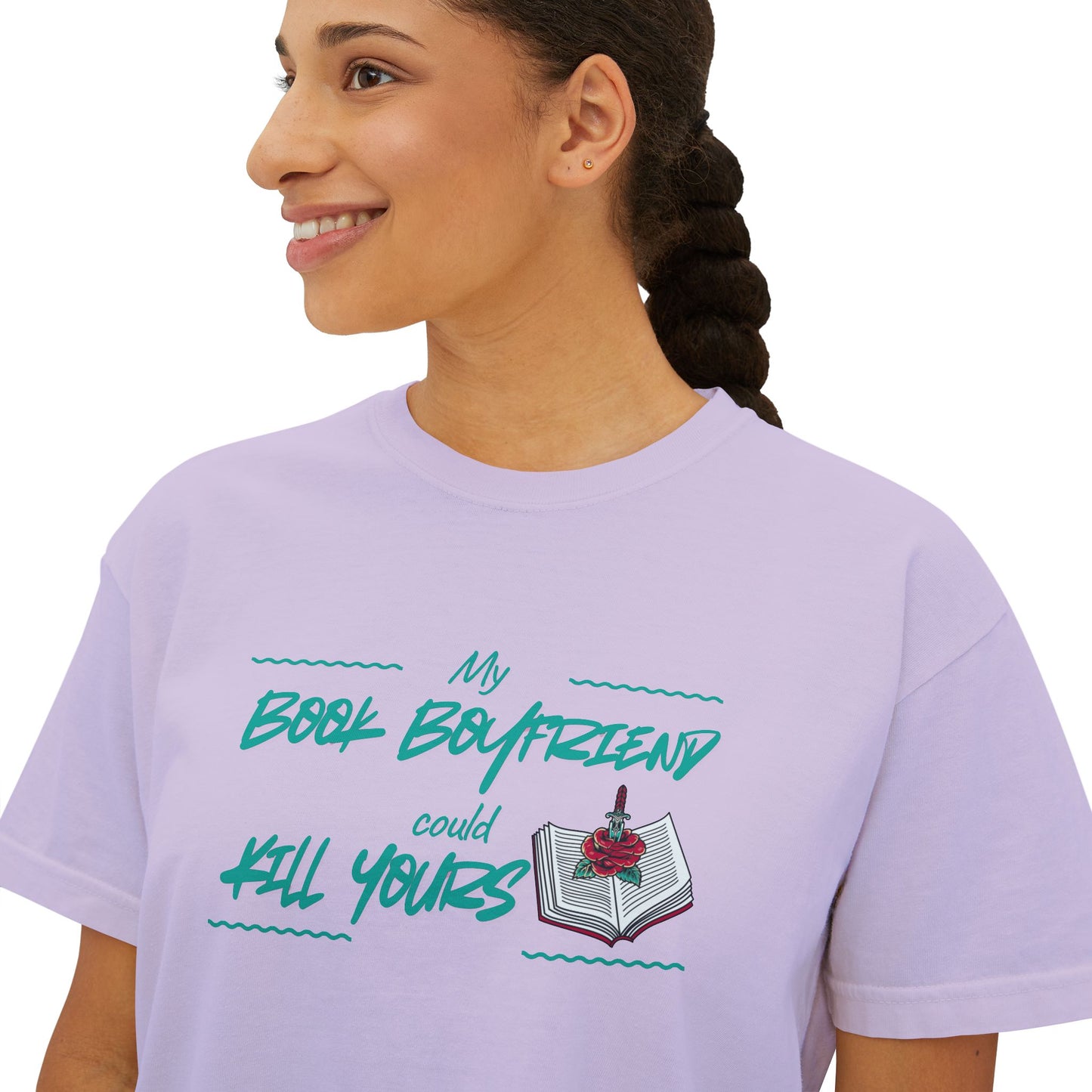 My Book Boyfriend Could Kill Yours Women's Boxy Tee, Casual Literary T-Shirt, Gift for Book Lovers, Cute Summer Top, Funny Bookish Apparel