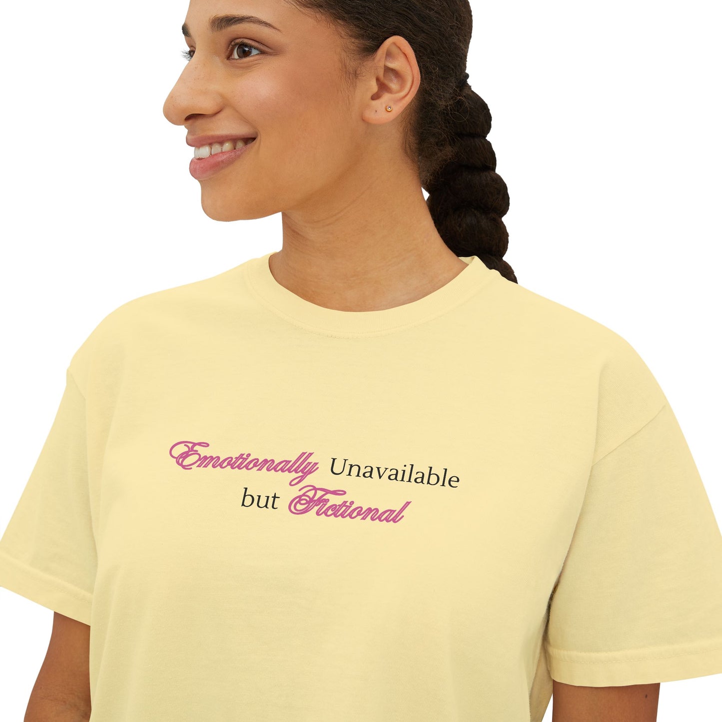 Emotionally Unavailable But Fictional Women's Boxy Tee, Comfortable Casual Wear, Perfect Gift for Friends, Funny Top, Self-Care Apparel, Everyday Statement Tee