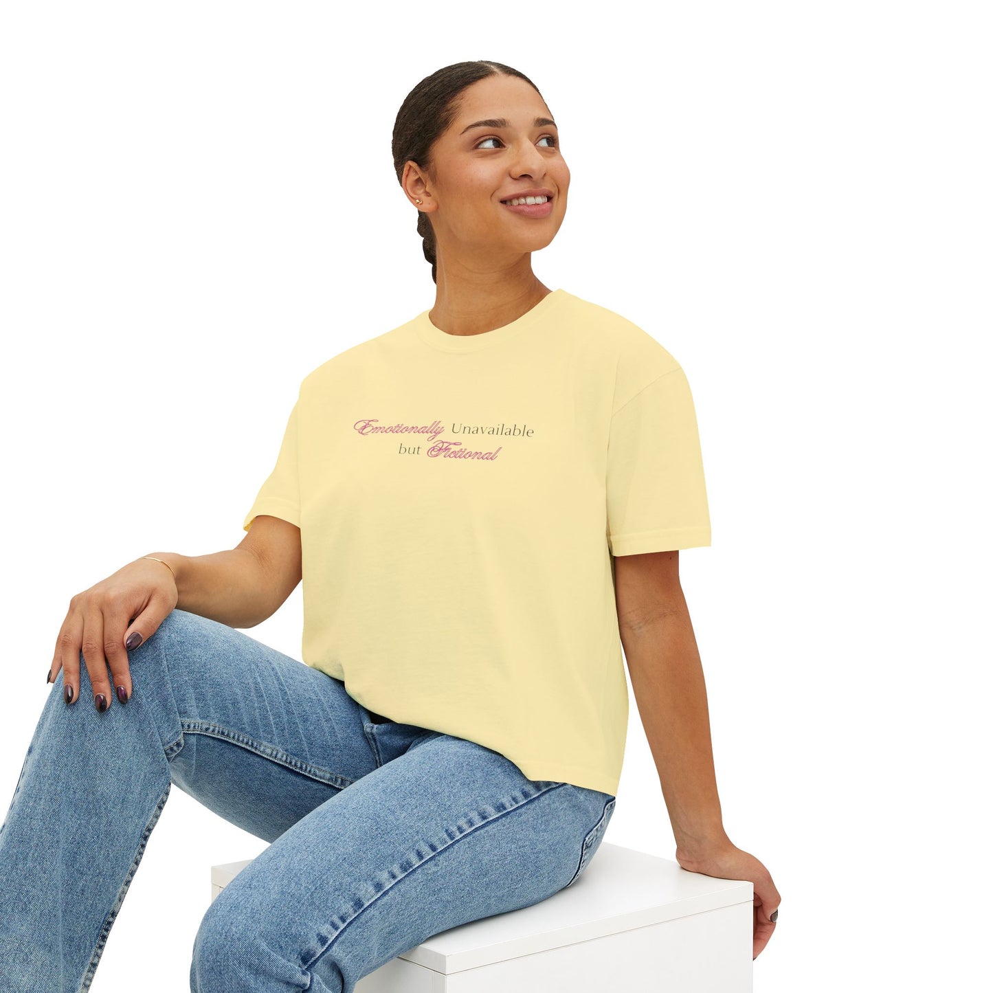 Emotionally Unavailable But Fictional Women's Boxy Tee, Comfortable Casual Wear, Perfect Gift for Friends, Funny Top, Self-Care Apparel, Everyday Statement Tee
