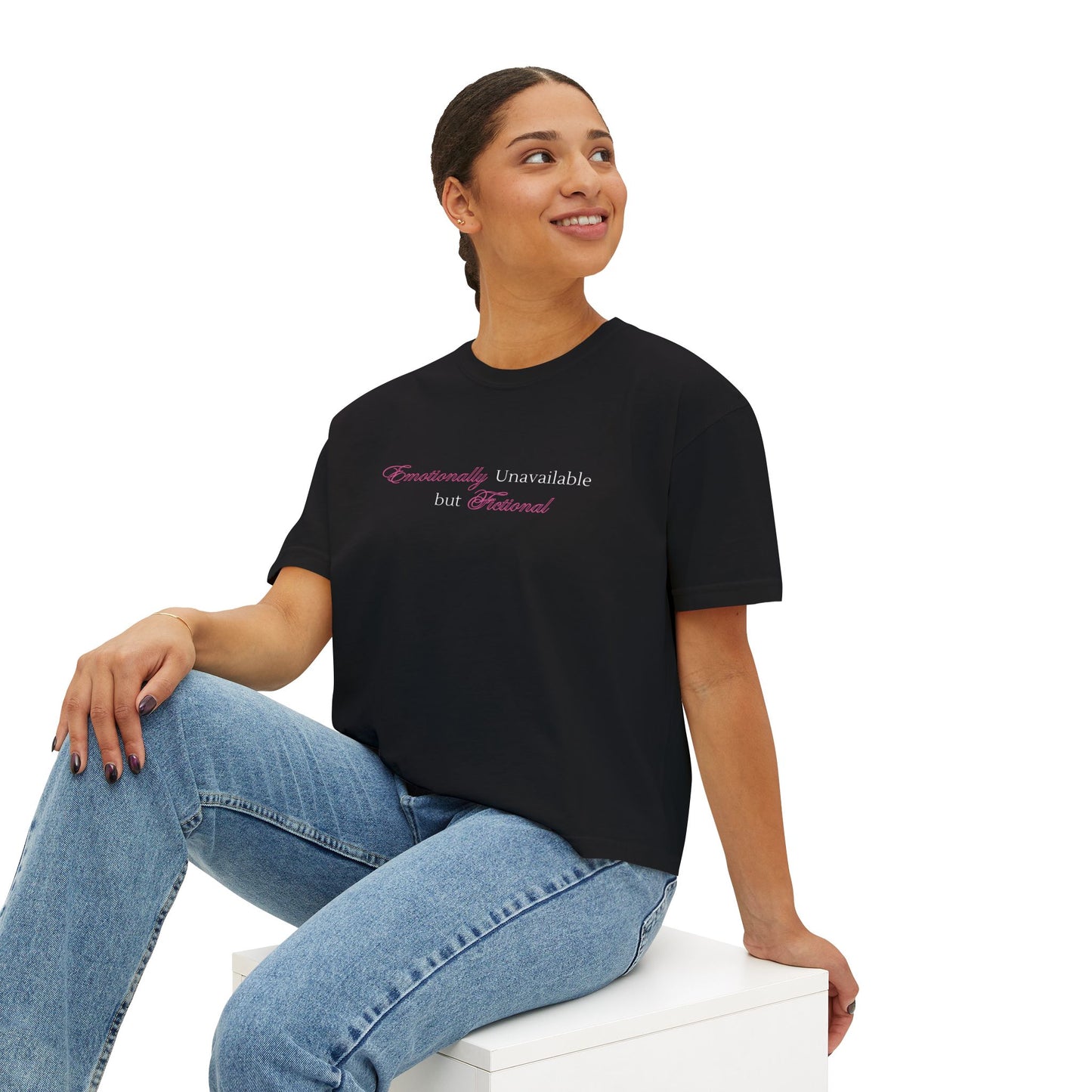 Emotionally Unavailable But Fictional Women's Boxy Tee, Comfortable Casual Wear, Perfect Gift for Friends, Funny Top, Self-Care Apparel, Everyday Statement Tee