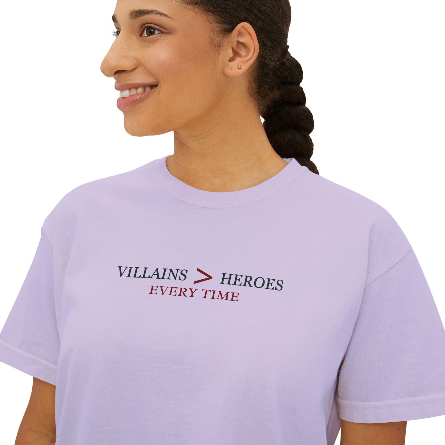 Villains > Heroes Boxy Tee, Women's Graphic T-Shirt, Casual Summer Top, Gift for Fans, Statement Tee