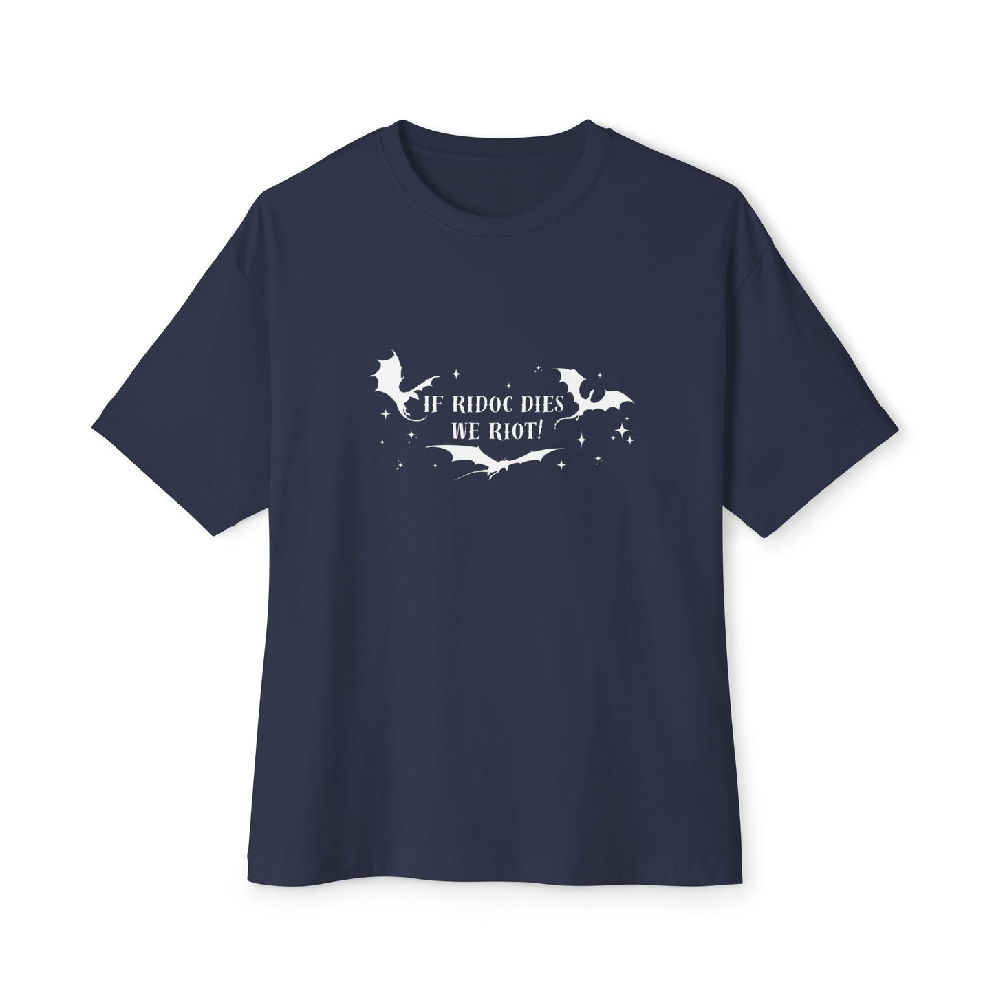 Navy blue t-shirt with white graphic and text on a white background