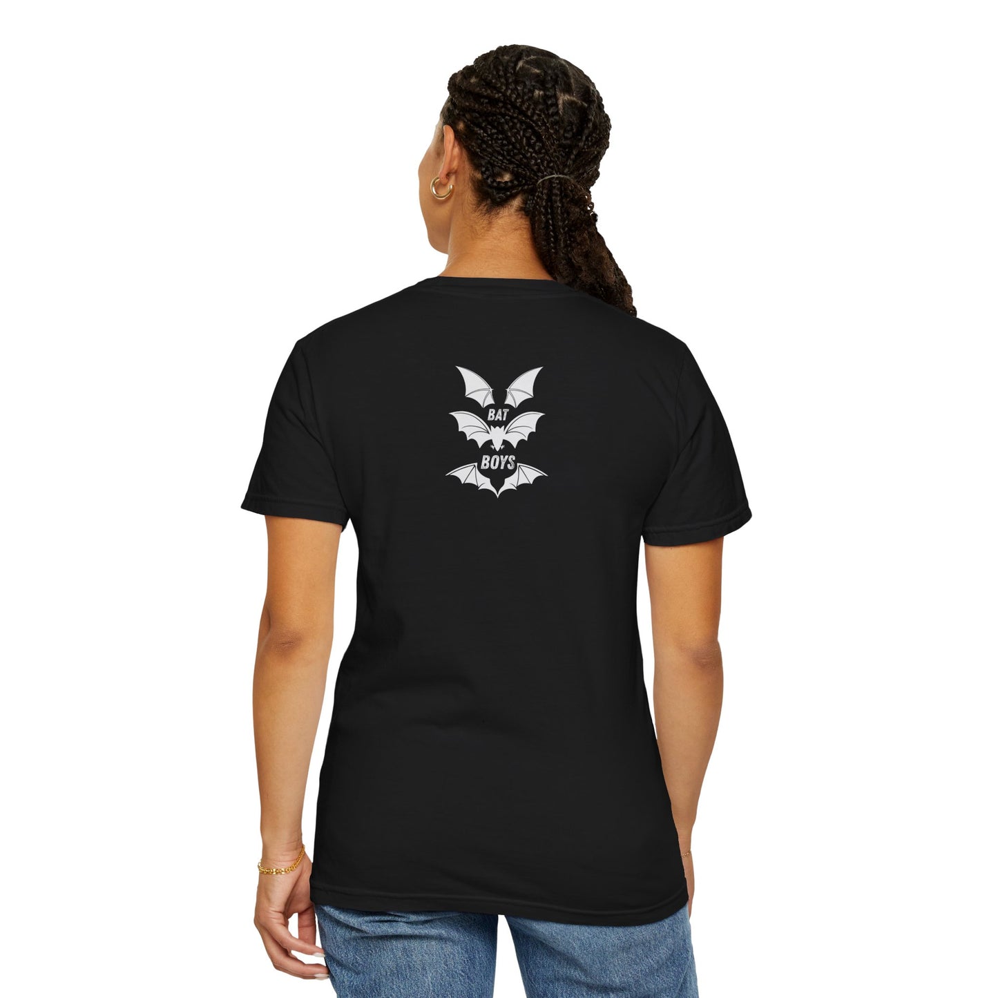 Unisex Garment-Dyed 'Bat Boys' Graphic T-Shirt Black mockup
