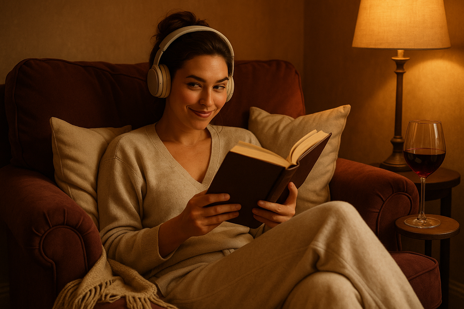inspired by spicy booktok a women reading a spicy book with headphones with a smirk on her face in a comfy chair with wine