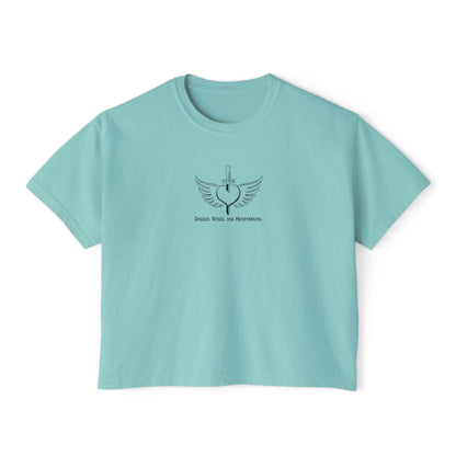 Boxy Tee with Dagger, Wings, and Heartbreak Design - Women's Fashion