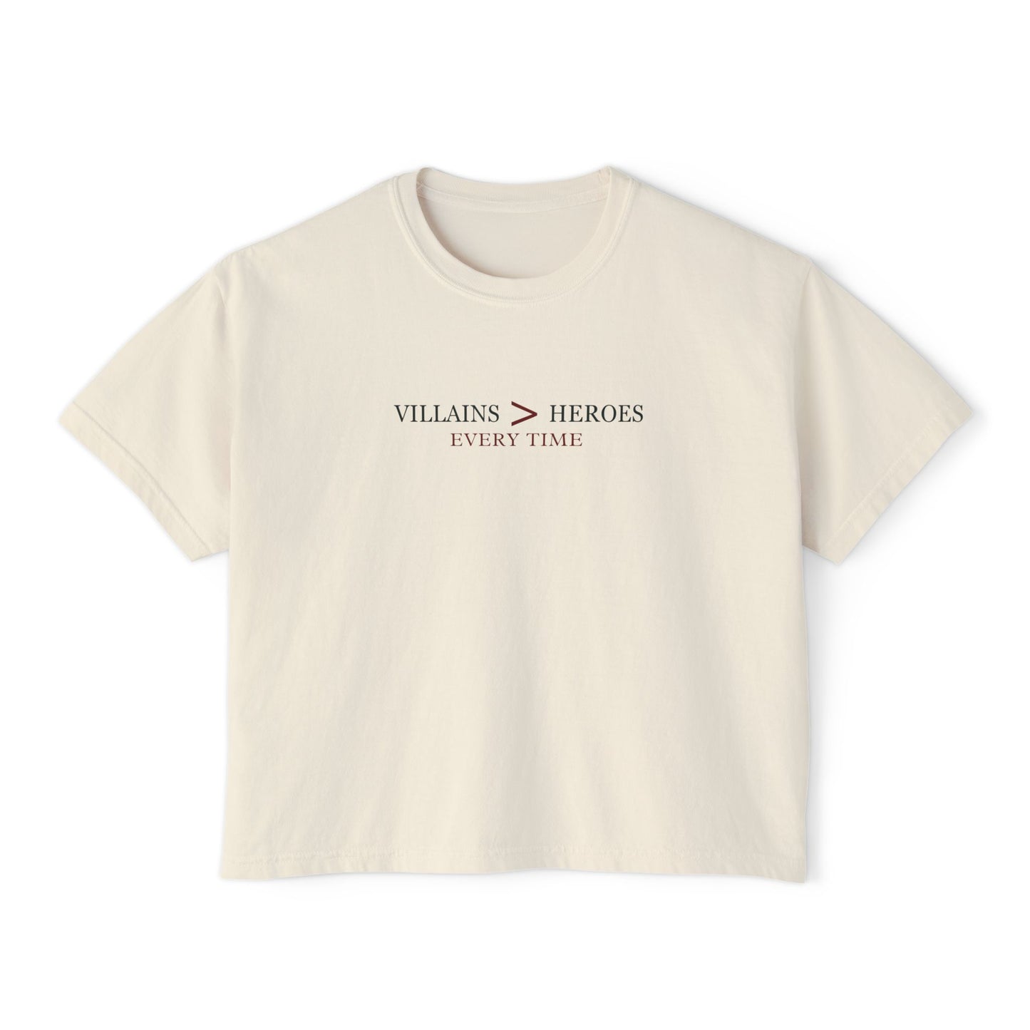 Villains > Heroes Boxy Tee, Women's Graphic T-Shirt, Casual Summer Top, Gift for Fans, Statement Tee