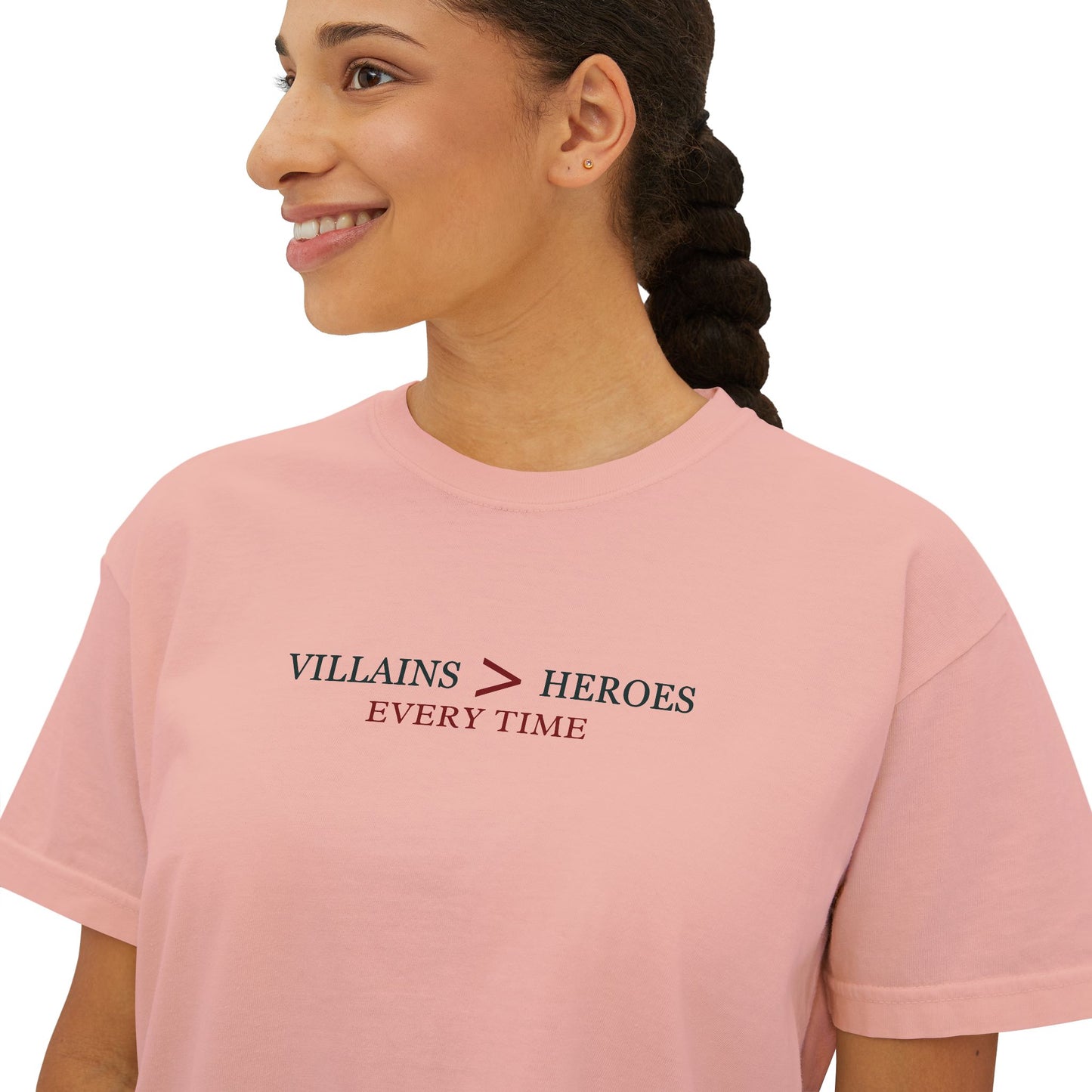 Villains > Heroes Boxy Tee, Women's Graphic T-Shirt, Casual Summer Top, Gift for Fans, Statement Tee