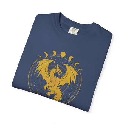 Dragons & Constellations Relaxed Fit Tee – Fantasy Dragon Moon Phase Shirt | Romantasy Reader Apparel