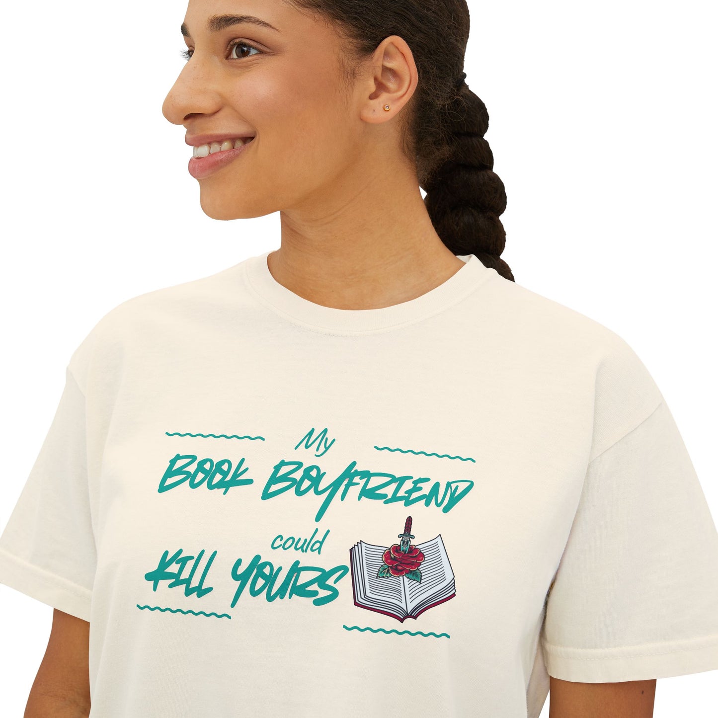 My Book Boyfriend Could Kill Yours Women's Boxy Tee, Casual Literary T-Shirt, Gift for Book Lovers, Cute Summer Top, Funny Bookish Apparel
