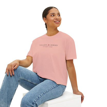 Villains > Heroes Boxy Tee, Women's Graphic T-Shirt, Casual Summer Top, Gift for Fans, Statement Tee