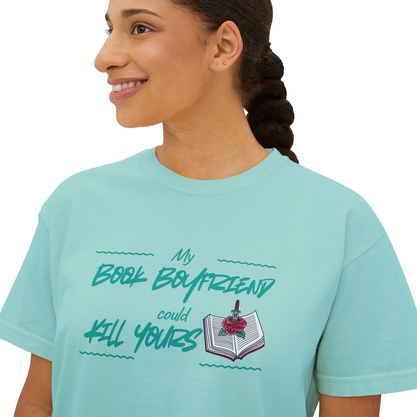 My Book Boyfriend Could Kill Yours Women's Boxy Tee, Casual Literary T-Shirt, Gift for Book Lovers, Cute Summer Top, Funny Bookish Apparel