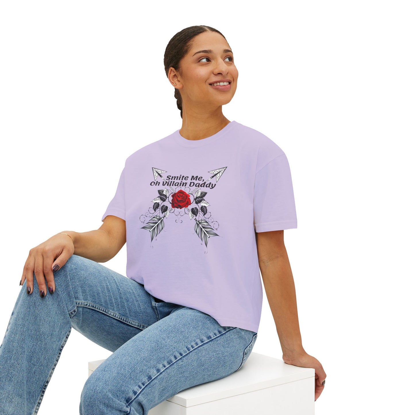 Smite Me, Oh Villain Daddy Women's Boxy Tee, Casual T-Shirt, Trendy Graphic Top, Fun Gift for Her, Cute Summer Shirt, Relaxed Fit Tee
