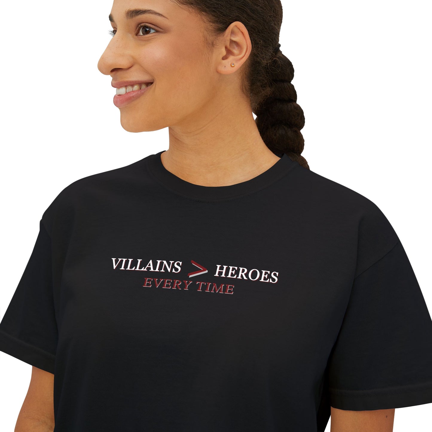 Villains > Heroes Boxy Tee, Women's Graphic T-Shirt, Casual Summer Top, Gift for Fans, Statement Tee