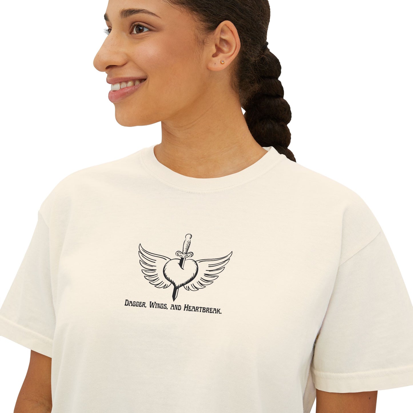 Boxy Tee with Dagger, Wings, and Heartbreak Design - Women's Fashion