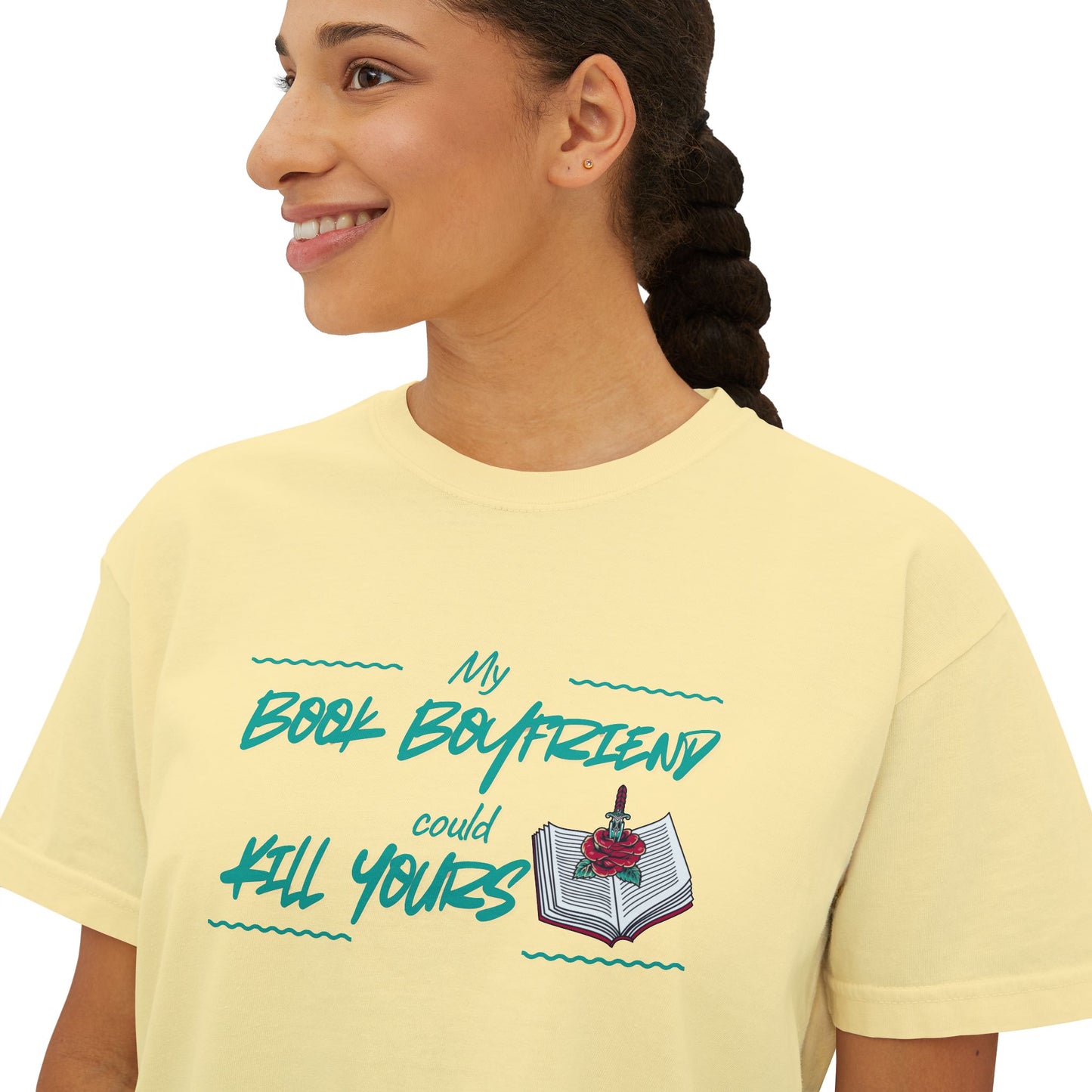 My Book Boyfriend Could Kill Yours Women's Boxy Tee, Casual Literary T-Shirt, Gift for Book Lovers, Cute Summer Top, Funny Bookish Apparel