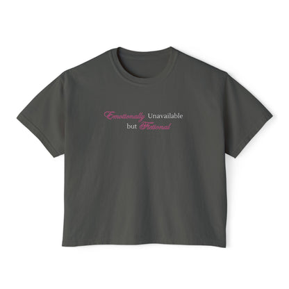 Emotionally Unavailable But Fictional Women's Boxy Tee, Comfortable Casual Wear, Perfect Gift for Friends, Funny Top, Self-Care Apparel, Everyday Statement Tee