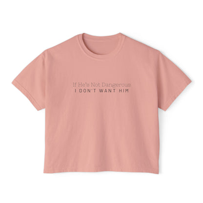 Cute Women's Boxy Tee - "If He's Not Dangerous I Don't Want Him" Graphic Shirt, Casual Top, Gift for Friends, Comfortable Style, Everyday Wear