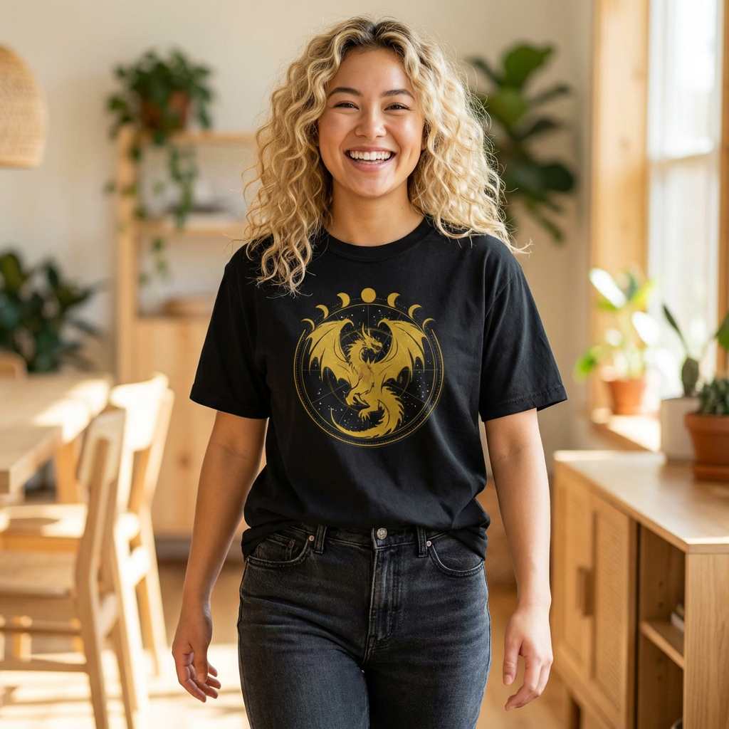 Dragons & Constellations Relaxed Fit Tee – Fantasy Dragon Moon Phase Shirt | Romantasy Reader Apparel