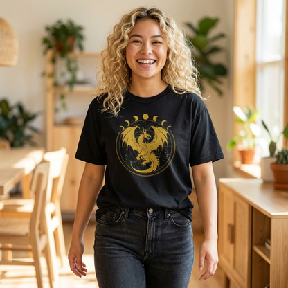 Dragons & Constellations Relaxed Fit Tee – Fantasy Dragon Moon Phase Shirt | Romantasy Reader Apparel