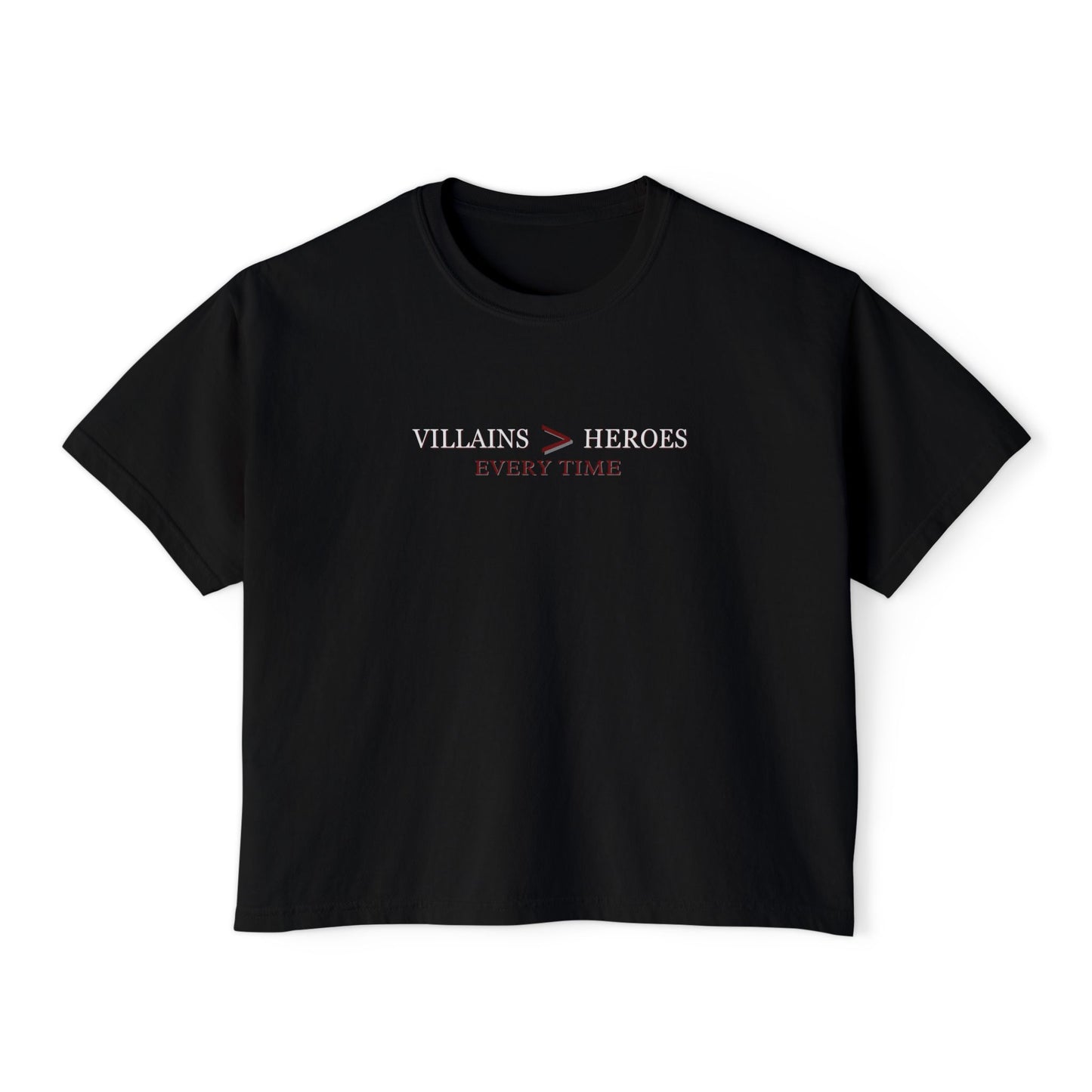 Villains > Heroes Boxy Tee, Women's Graphic T-Shirt, Casual Summer Top, Gift for Fans, Statement Tee