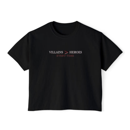 Villains > Heroes Boxy Tee, Women's Graphic T-Shirt, Casual Summer Top, Gift for Fans, Statement Tee