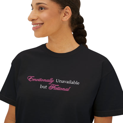 Emotionally Unavailable But Fictional Women's Boxy Tee, Comfortable Casual Wear, Perfect Gift for Friends, Funny Top, Self-Care Apparel, Everyday Statement Tee