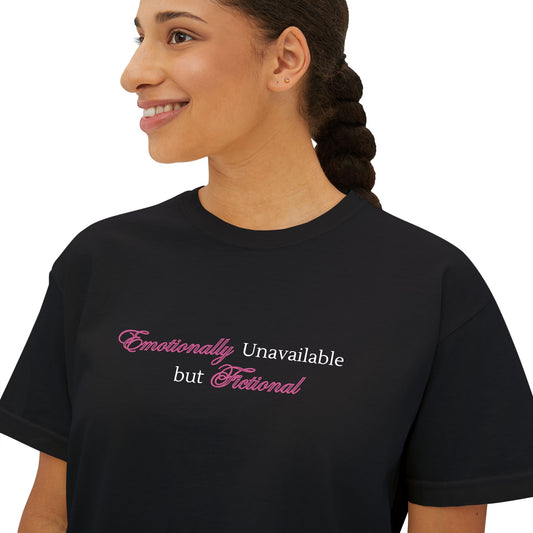 Emotionally Unavailable But Fictional Women's Boxy Tee, Comfortable Casual Wear, Perfect Gift for Friends, Funny Top, Self-Care Apparel, Everyday Statement Tee