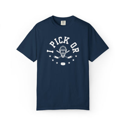 Hockey Romance Reader Tee | "I Pick Or" Goal Mask & Puck Design Relaxed Fit Shirt