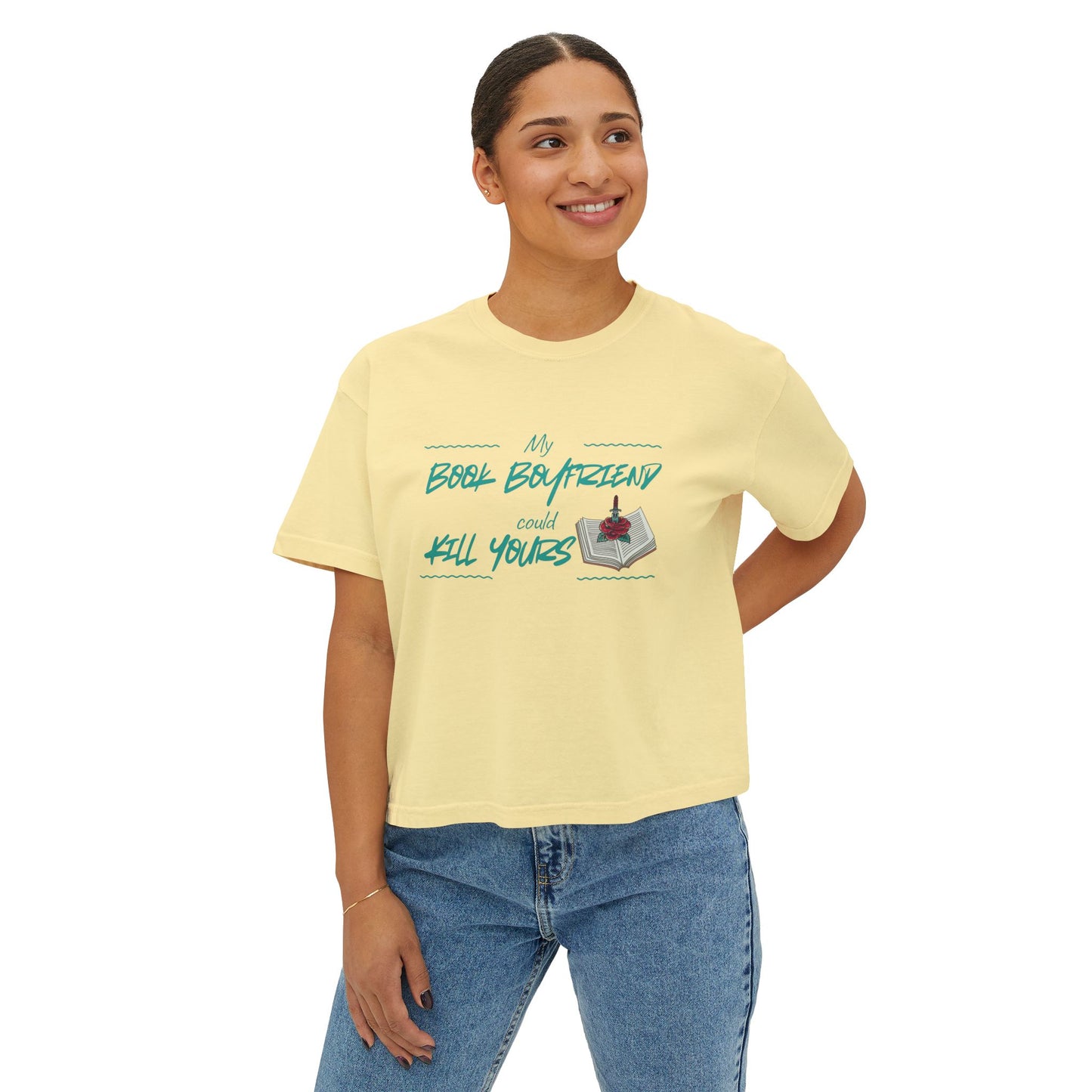 My Book Boyfriend Could Kill Yours Women's Boxy Tee, Casual Literary T-Shirt, Gift for Book Lovers, Cute Summer Top, Funny Bookish Apparel