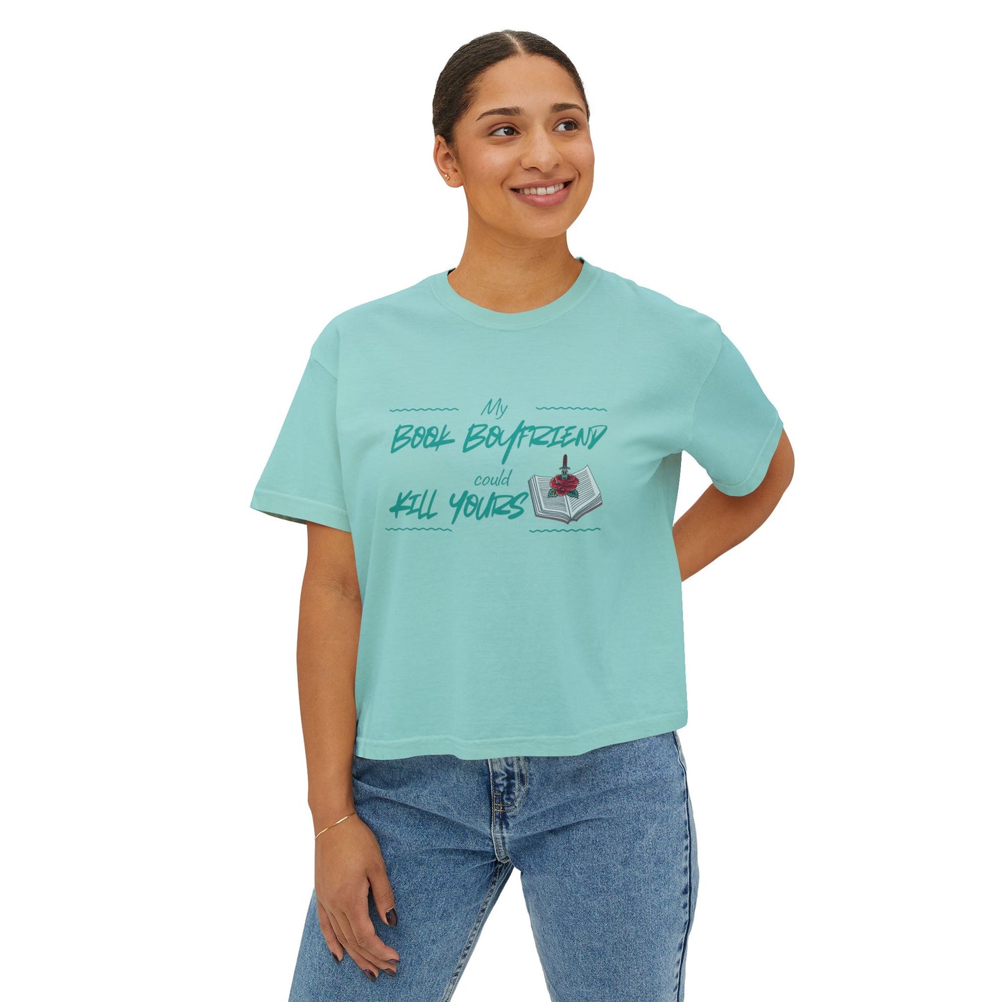 My Book Boyfriend Could Kill Yours Women's Boxy Tee, Casual Literary T-Shirt, Gift for Book Lovers, Cute Summer Top, Funny Bookish Apparel