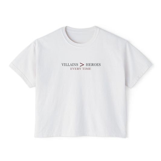 Villains > Heroes Boxy Tee, Women's Graphic T-Shirt, Casual Summer Top, Gift for Fans, Statement Tee