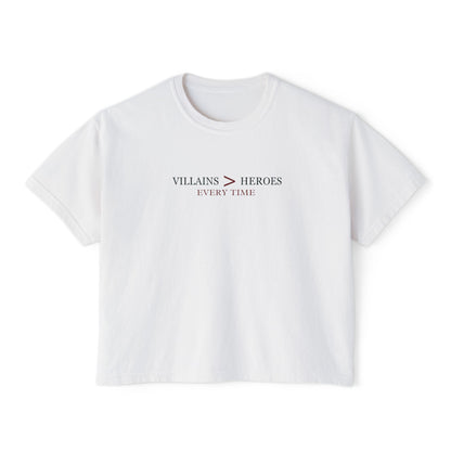 Villains > Heroes Boxy Tee, Women's Graphic T-Shirt, Casual Summer Top, Gift for Fans, Statement Tee