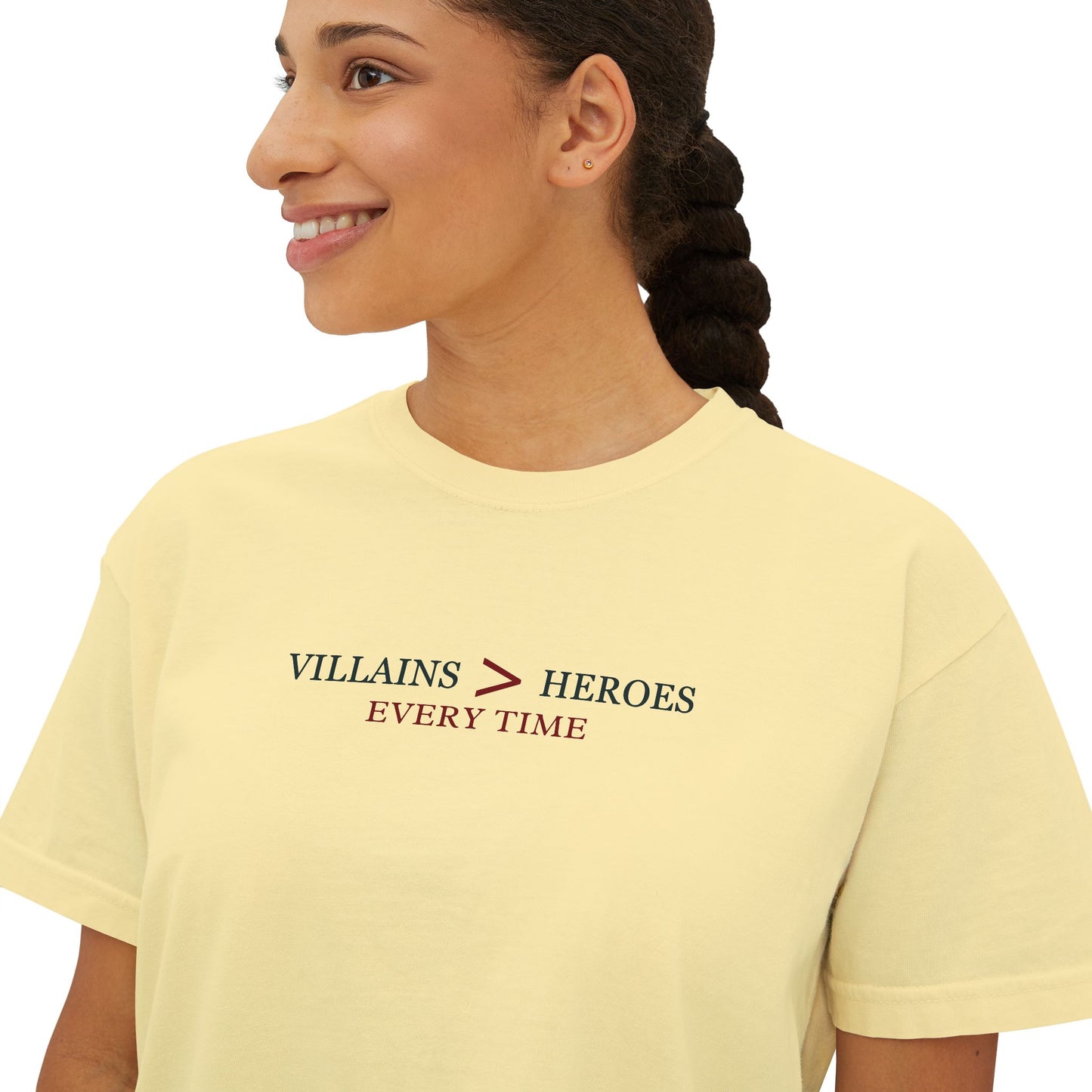 Villains > Heroes Boxy Tee, Women's Graphic T-Shirt, Casual Summer Top, Gift for Fans, Statement Tee