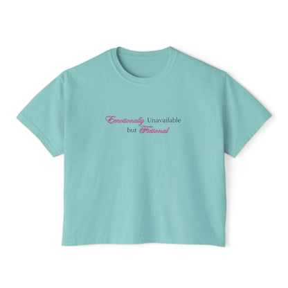 Emotionally Unavailable But Fictional Women's Boxy Tee, Comfortable Casual Wear, Perfect Gift for Friends, Funny Top, Self-Care Apparel, Everyday Statement Tee