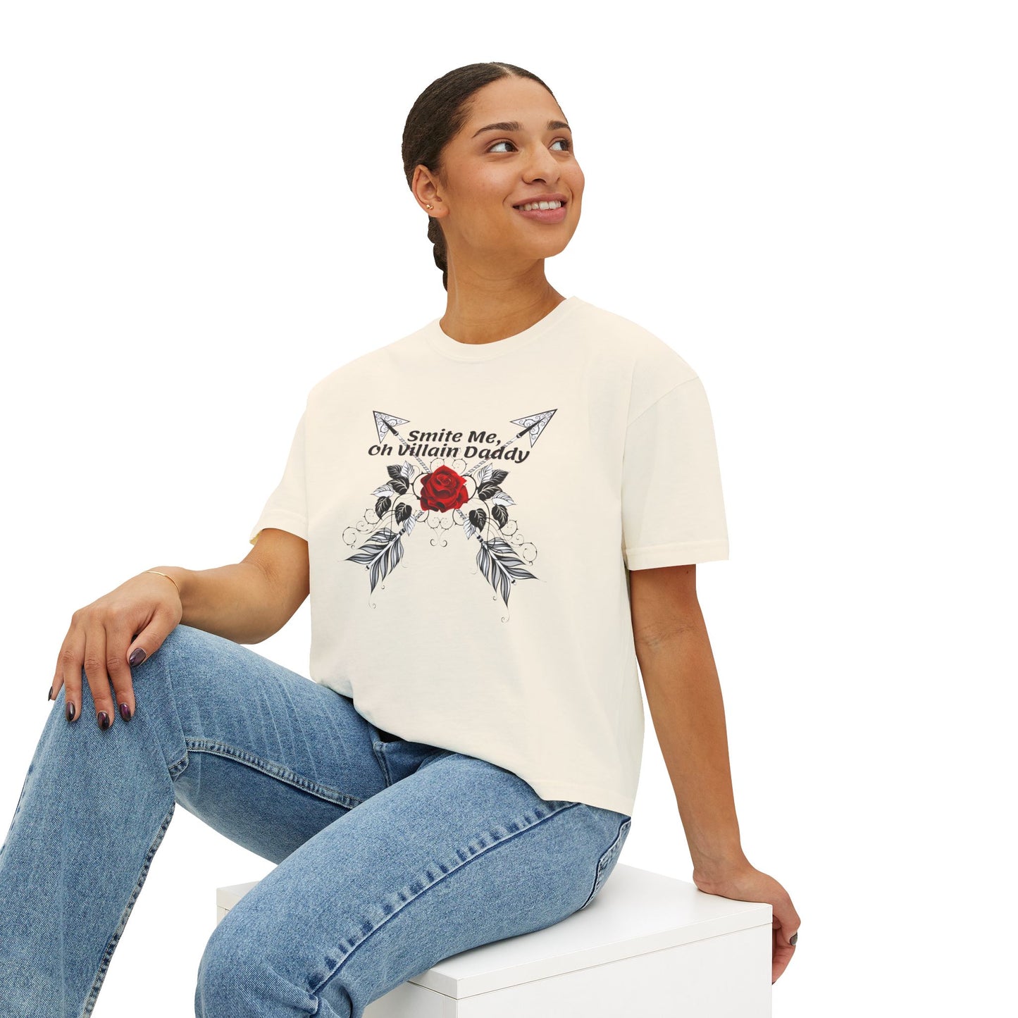 Smite Me, Oh Villain Daddy Women's Boxy Tee, Casual T-Shirt, Trendy Graphic Top, Fun Gift for Her, Cute Summer Shirt, Relaxed Fit Tee