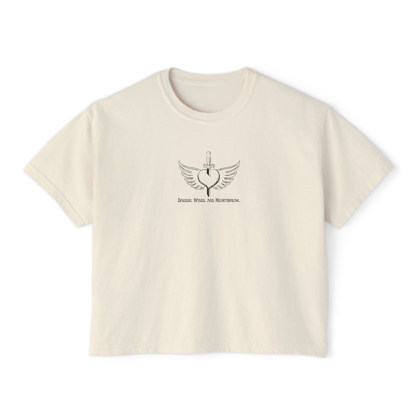 Boxy Tee with Dagger, Wings, and Heartbreak Design - Women's Fashion