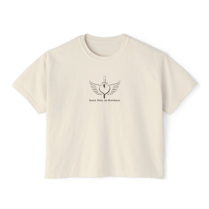 Boxy Tee with Dagger, Wings, and Heartbreak Design - Women's Fashion